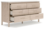 Light wood six-drawer dresser with drawers pulled out, showing interiors and bar pulls