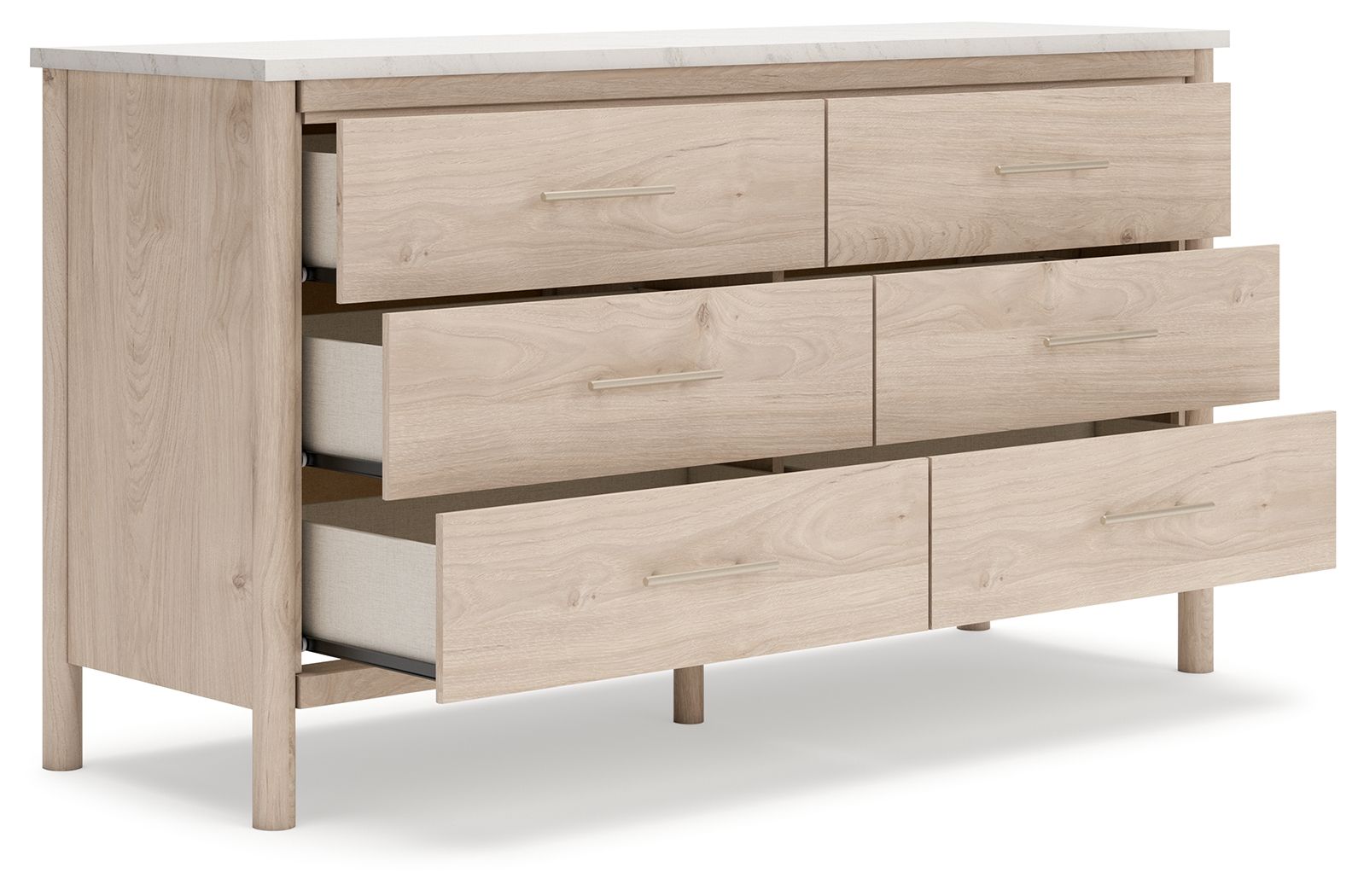 Light wood six-drawer dresser with drawers pulled out, showing interiors and bar pulls