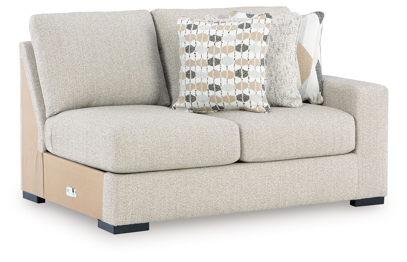 Pebble light-gray loveseat with two front cushions and patterned throw pillows