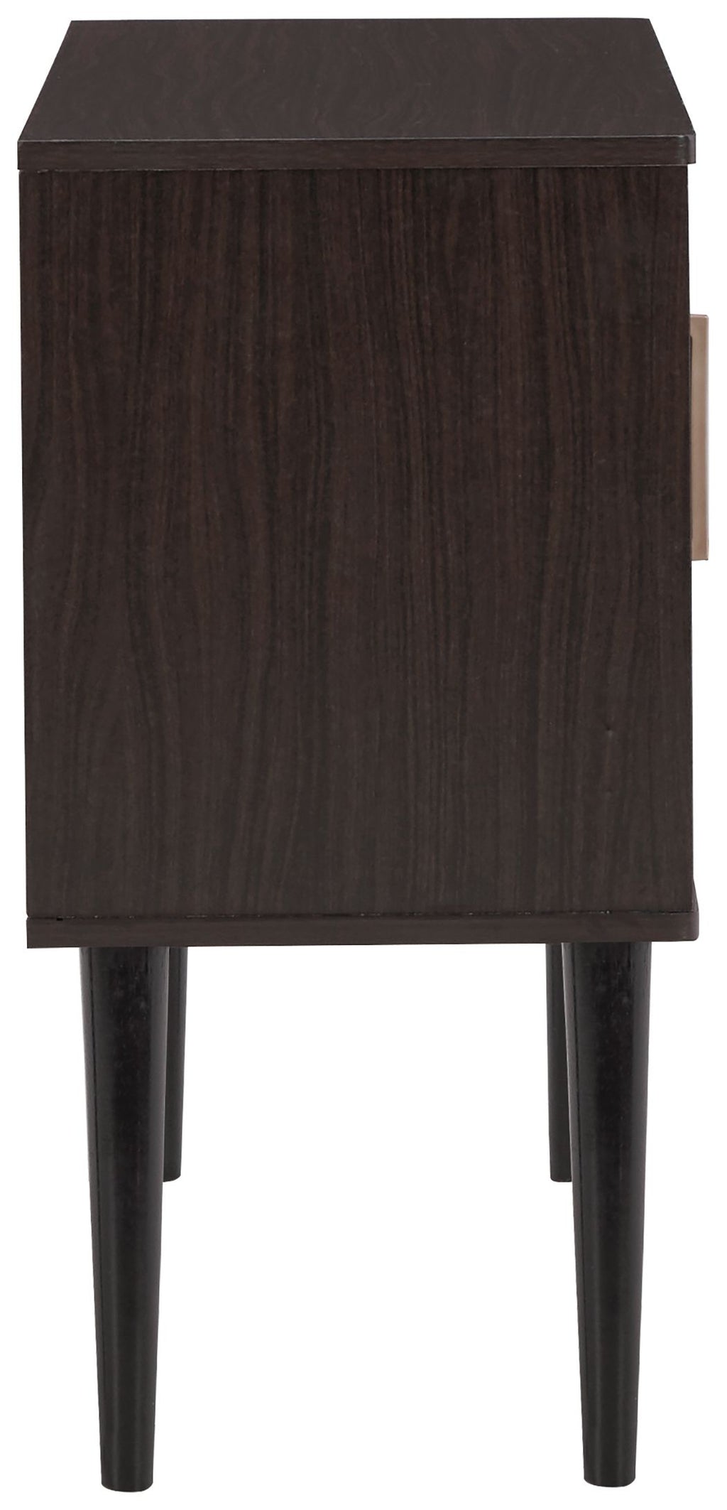 Dark wood accent cabinet with square top, wood-grain panels, and tapered legs
