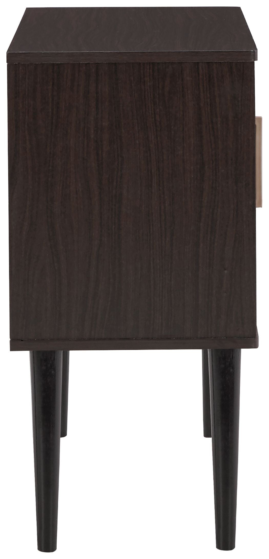 Dark wood accent cabinet with square top, wood-grain panels, and tapered legs