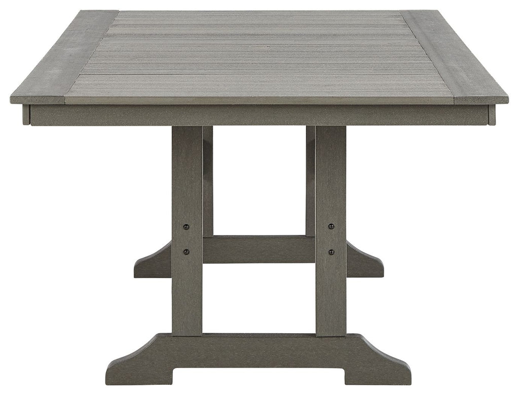 Gray rectangular dining table with slatted top and apron support base