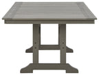 Gray rectangular dining table with slatted top and apron support base