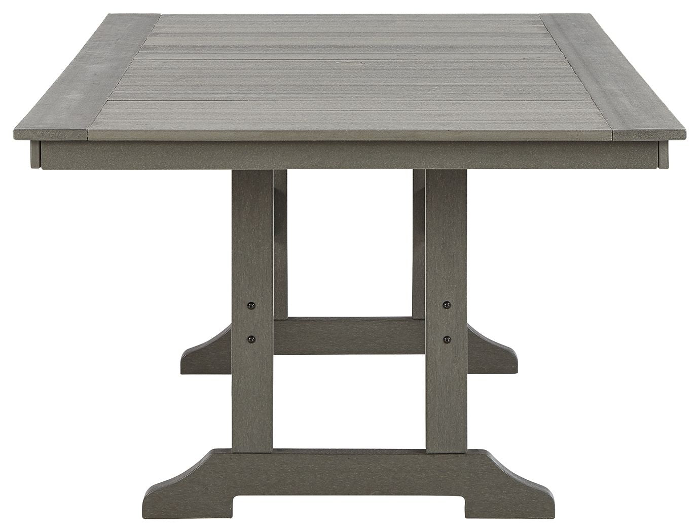 Gray rectangular dining table with slatted top and apron support base