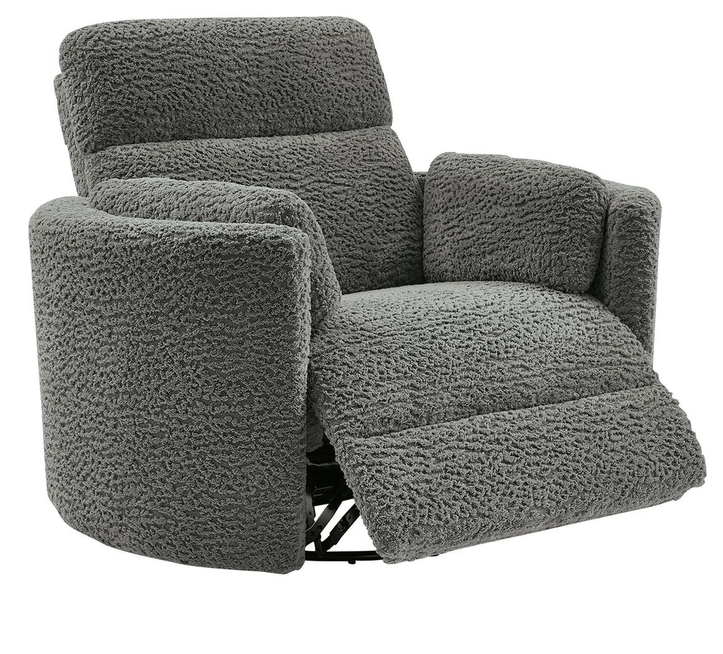 Swivel glider recliner chair in dark gray with extended leg rest and plush seat cushion