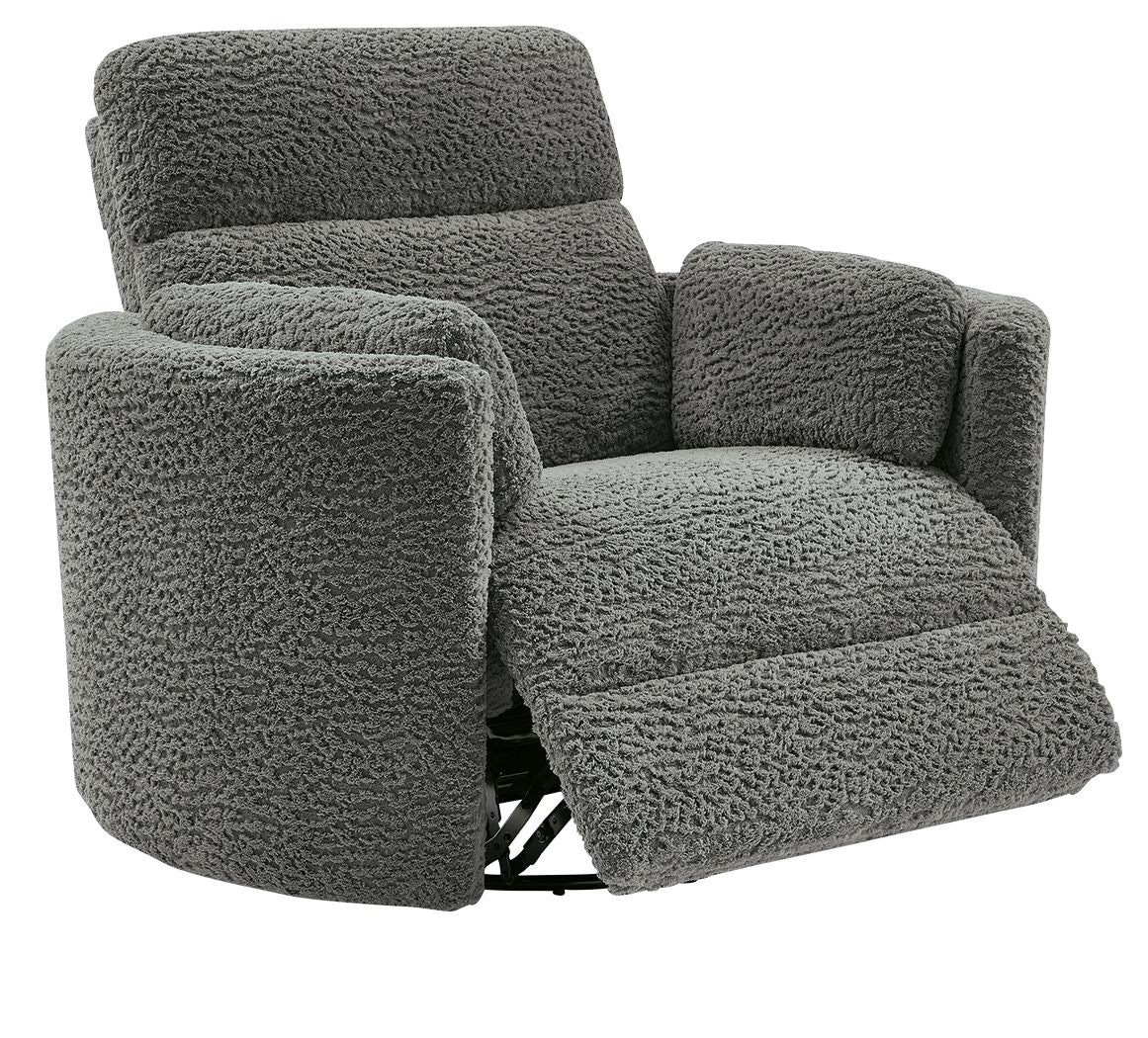 Swivel glider recliner chair in dark gray with extended leg rest and plush seat cushion