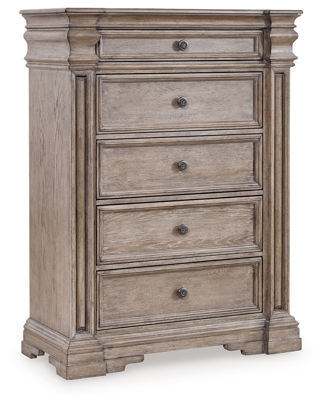 Five-drawer chest in light grayish-brown wood with five metal-knob drawer fronts