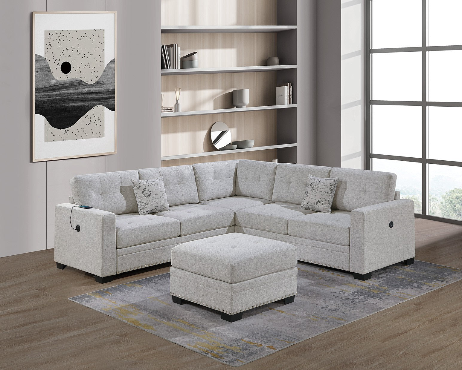Casual Tufted Bone Fabric 4pc Living Room Sectional