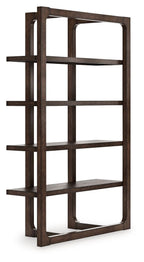 Dark brown wooden bookcase with open shelving and grid frame, arched window panels