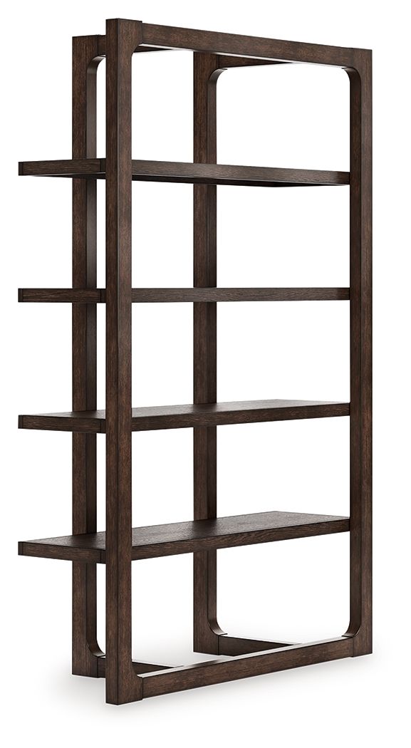 Dark brown wooden bookcase with open shelving and grid frame, arched window panels
