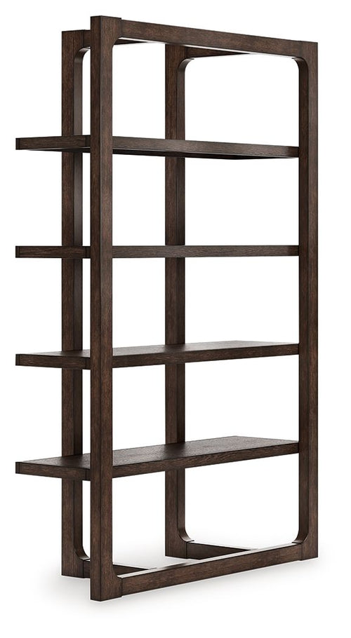 Dark brown wooden bookcase with open shelving and grid frame, arched window panels