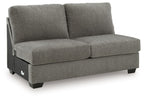 Gray armless loveseat with two back cushions and visible dark base feet