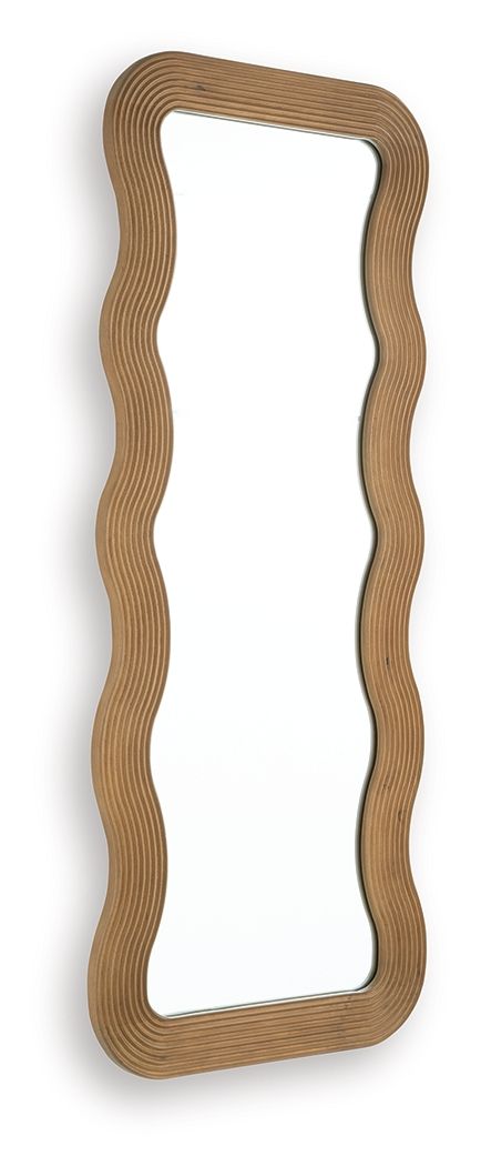 Brown floor mirror with wavy ribbed frame, vertical shape and rounded edges