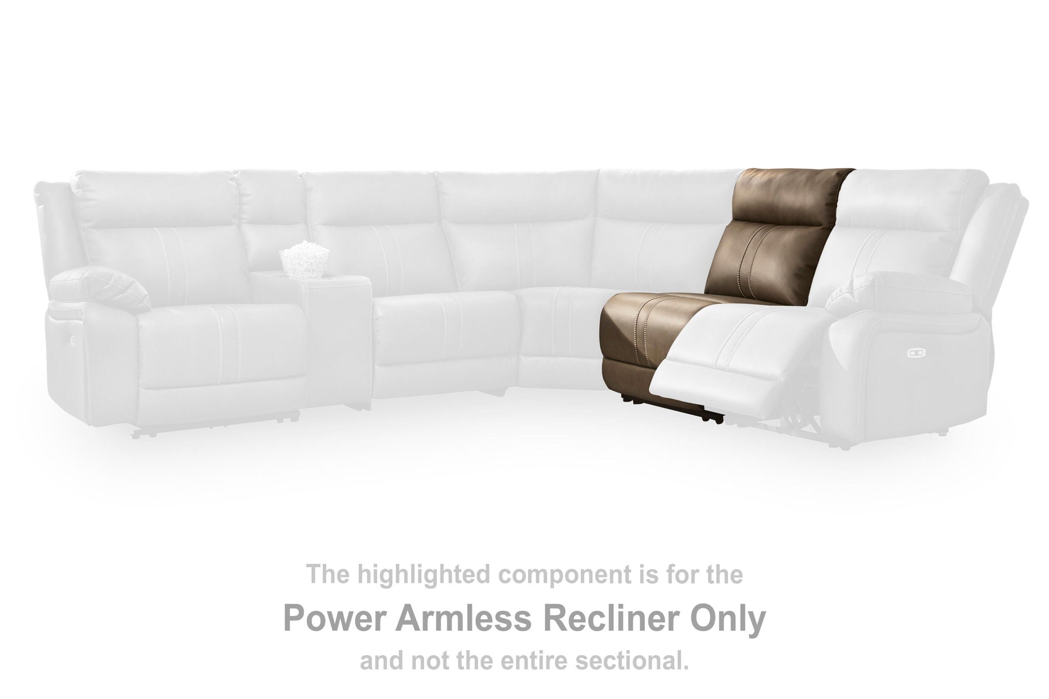 Brown power armless recliner component with adjustable headrest on white sectional