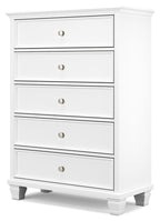White five-drawer chest front view with round knobs and raised panel trim, on legs.