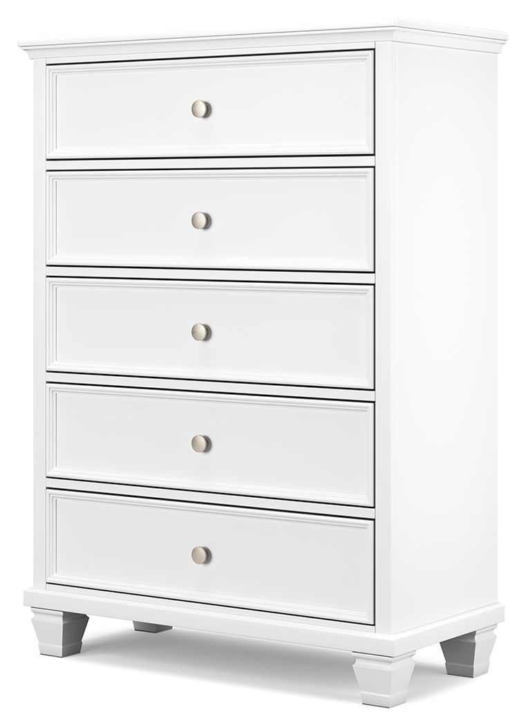 White five-drawer chest front view with round knobs and raised panel trim, on legs.