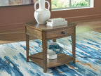 Light brown rectangular wooden end table with drawer knob and lower shelf.