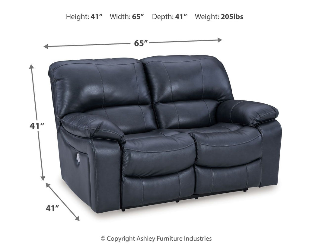 Power reclining loveseat, dark blue faux leather, side view with compact base