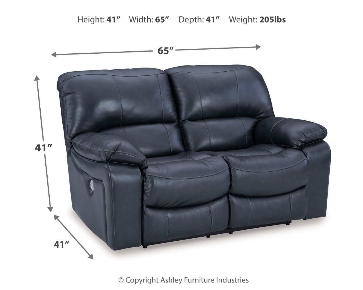 Power reclining loveseat, dark blue faux leather, side view with compact base