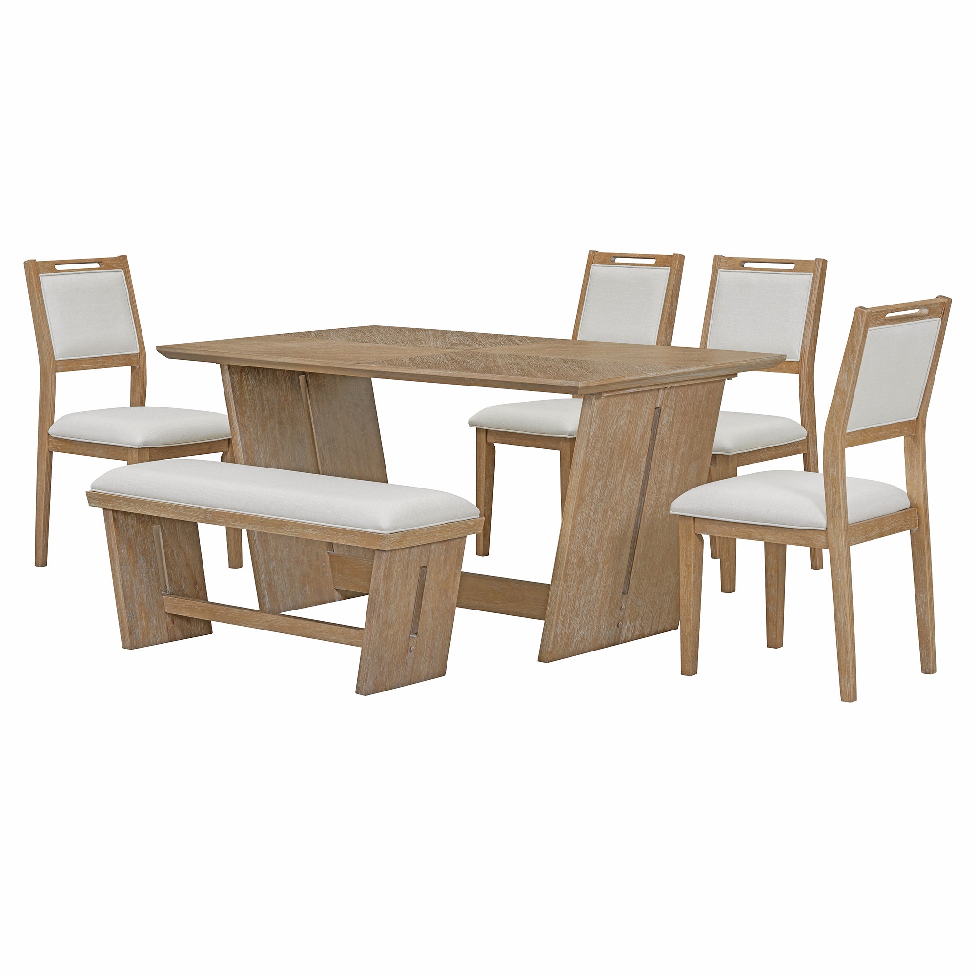 6-Pc Retro Dining Set w/ Bench - Natural Wood