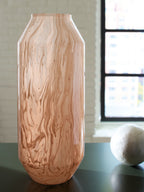 Light brown carved woodgrain vase with narrow neck and flared rim