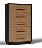 Five-drawer chest with black frame and light brown wood drawers, with bar handles