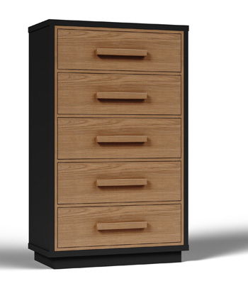 Five-drawer chest with black frame and light brown wood drawers, with bar handles
