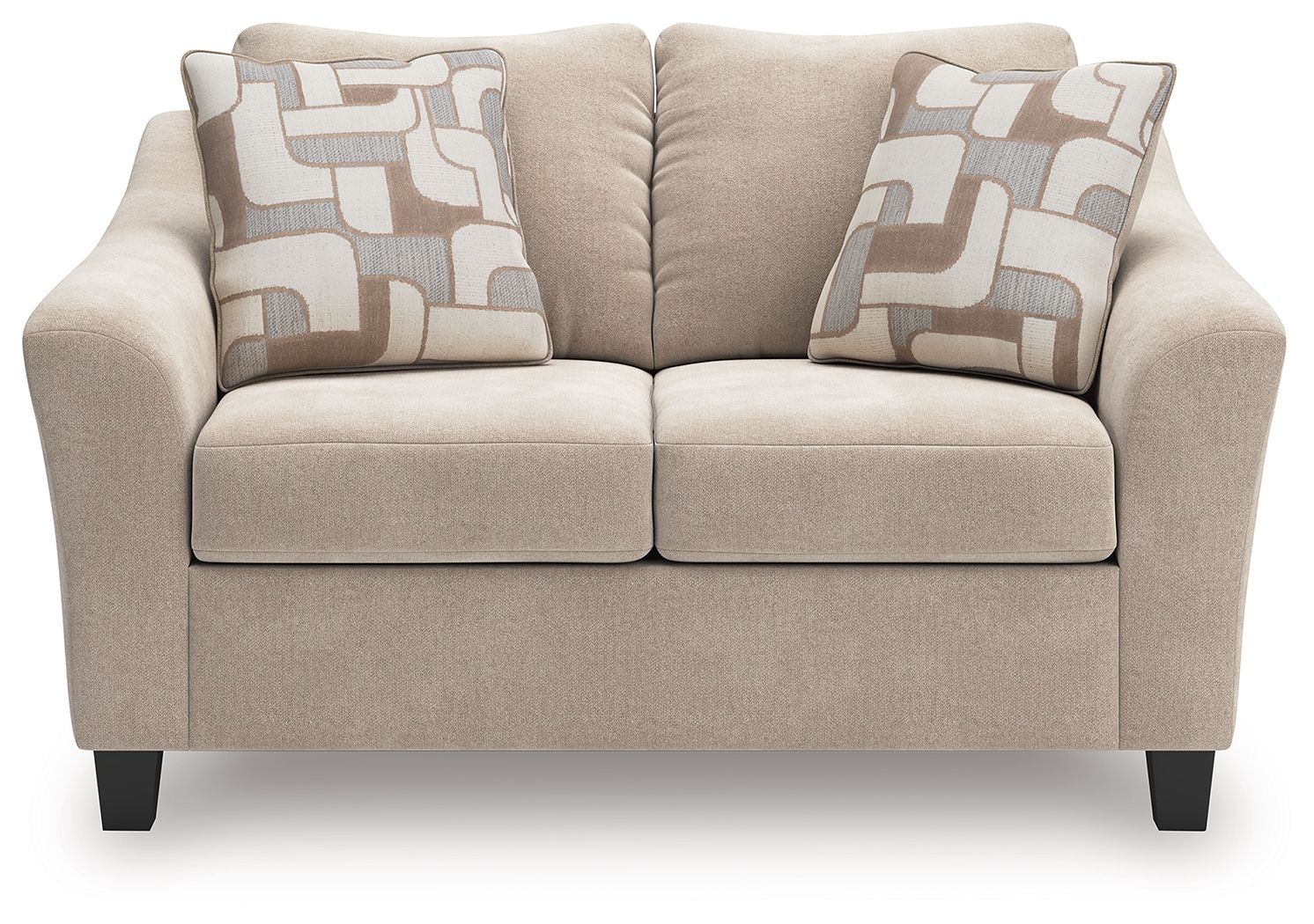 Taupe upholstered loveseat with two seat cushions and two geometric throw pillows