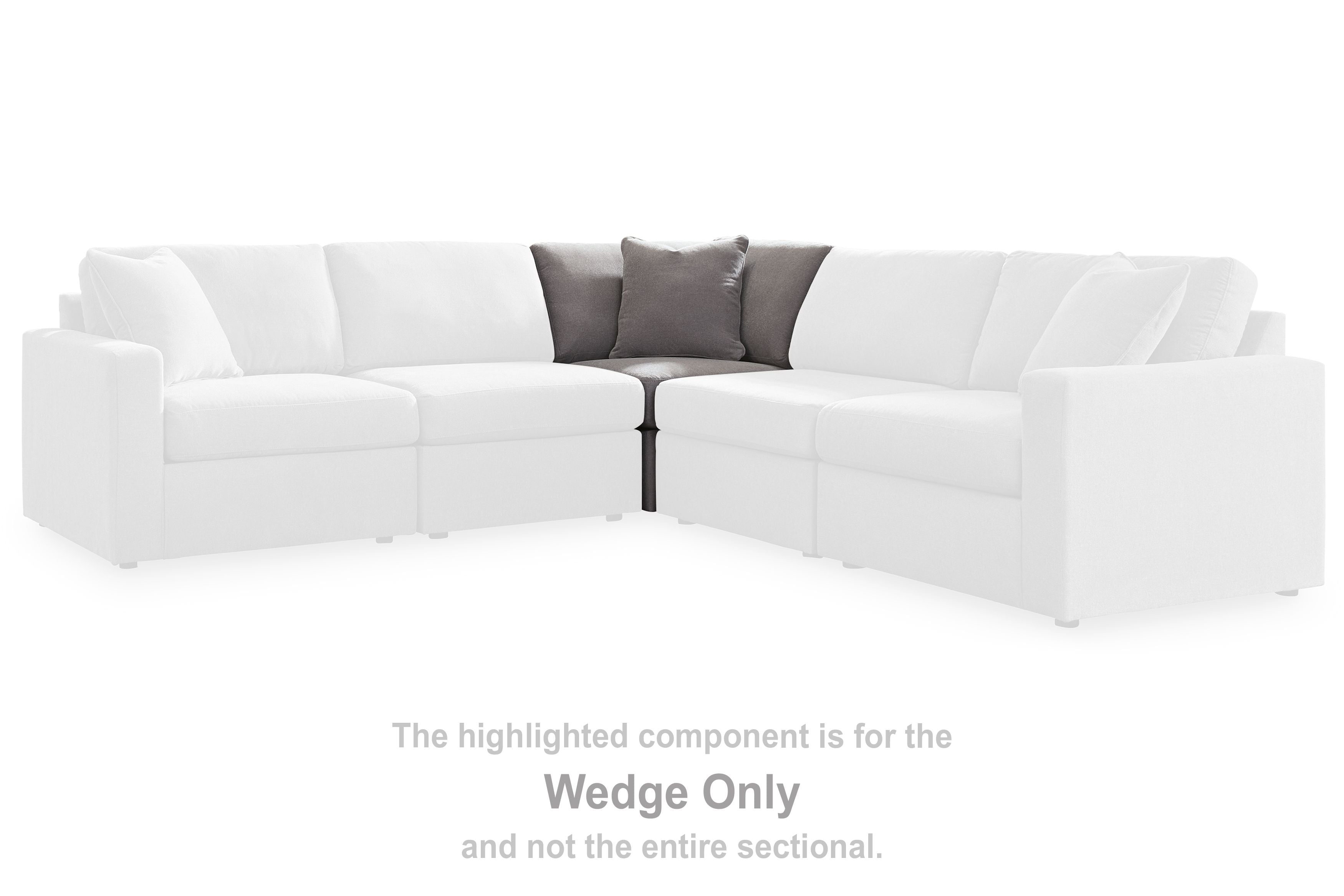 White fabric sectional wedge with attached back cushions and short armrests
