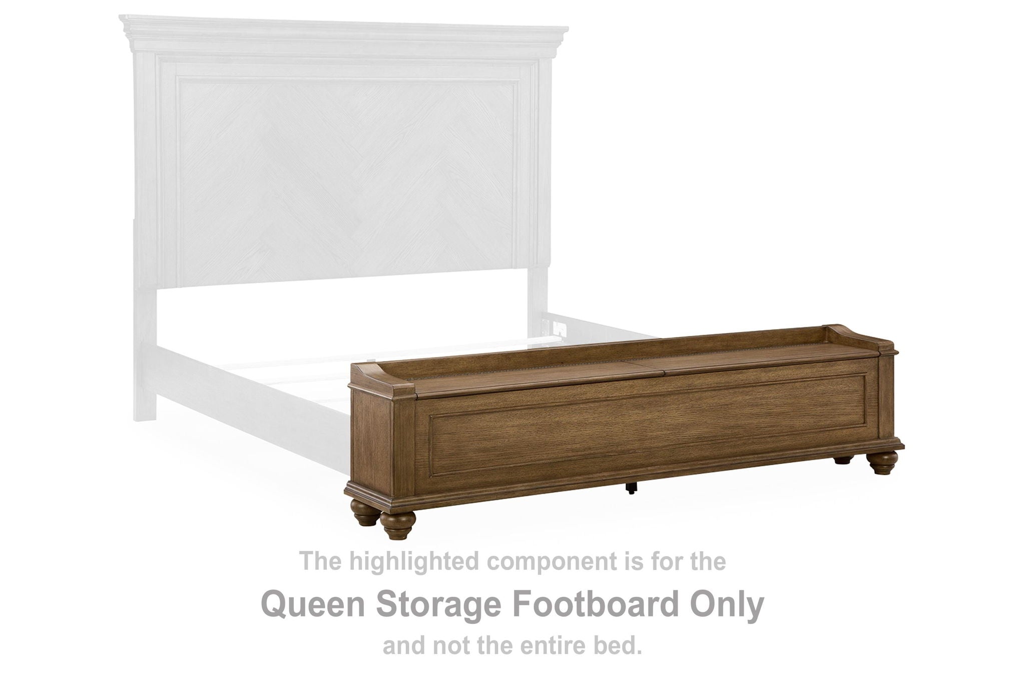 Karallin Queen storage footboard in medium brown wood with drawer front