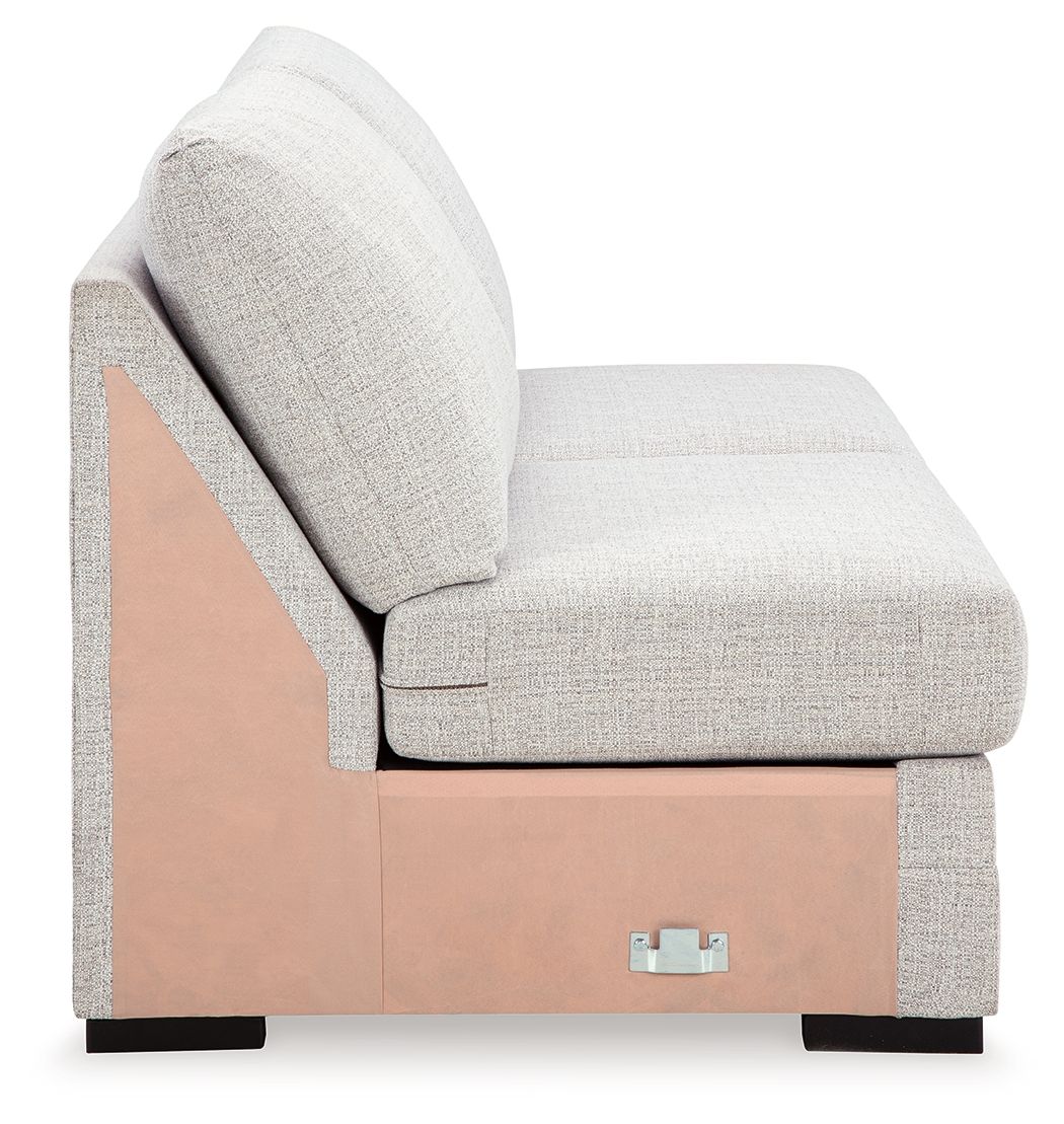 Light gray armless loveseat with high back cushion and exposed base panel