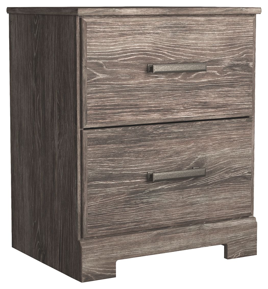 Two-drawer night stand with gray wood finish and dark metal drawer pulls