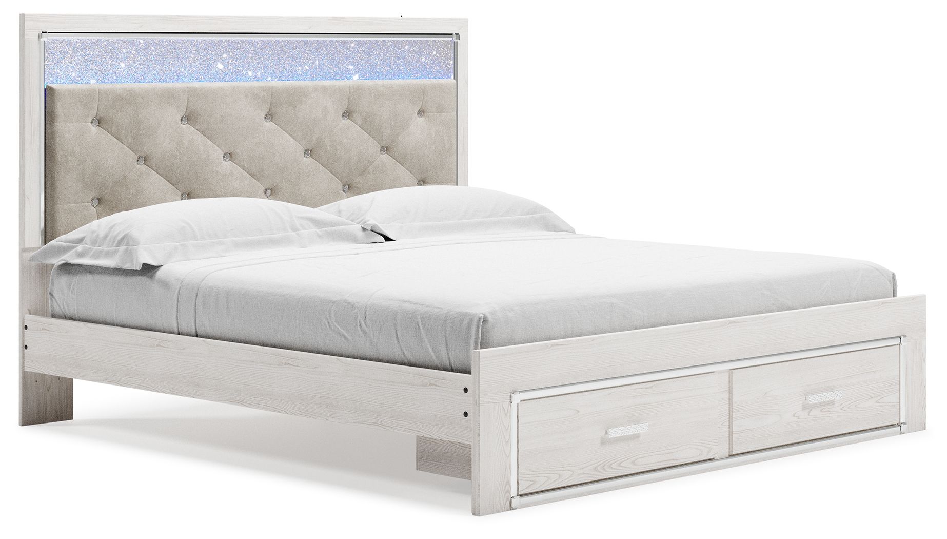 White storage bed with gray tufted headboard and two front drawers