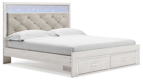 White storage bed with gray tufted headboard and two front drawers