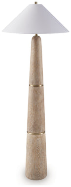 Brown poly floor lamp with stacked column design, white shade, gold details