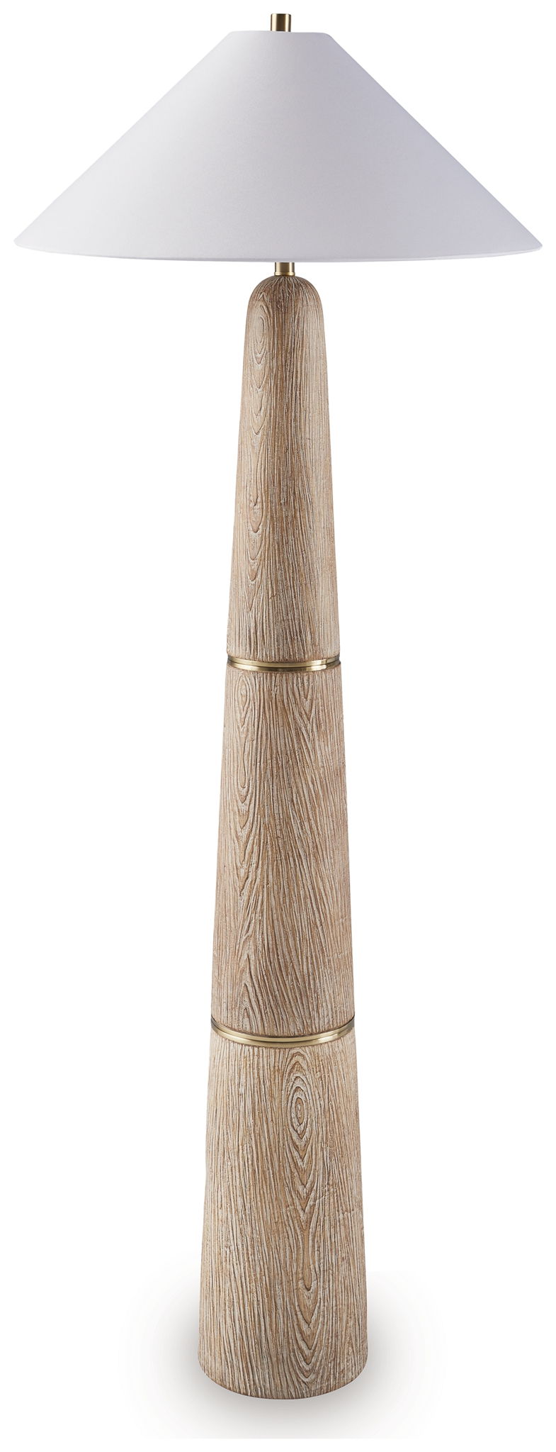 Brown poly floor lamp with stacked column design, white shade, gold details