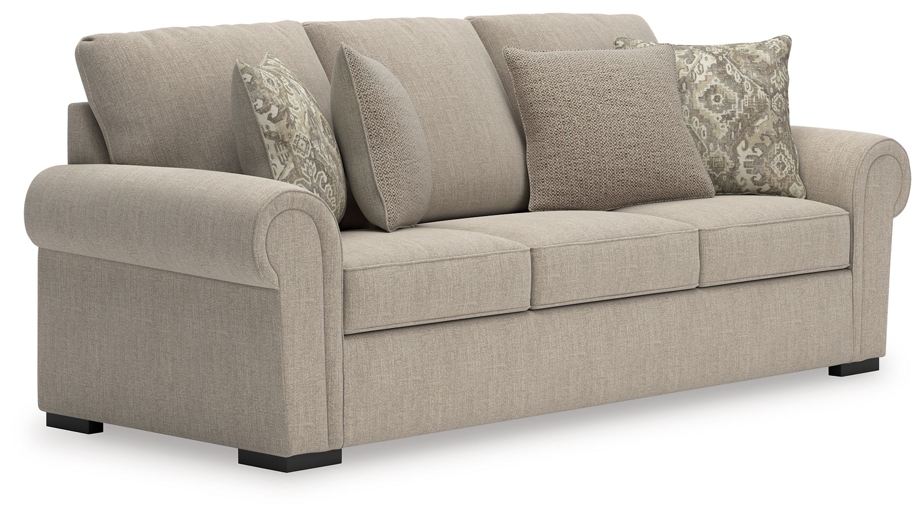 Heather fabric sofa in light beige with four removable accent pillows, track arms, black legs
