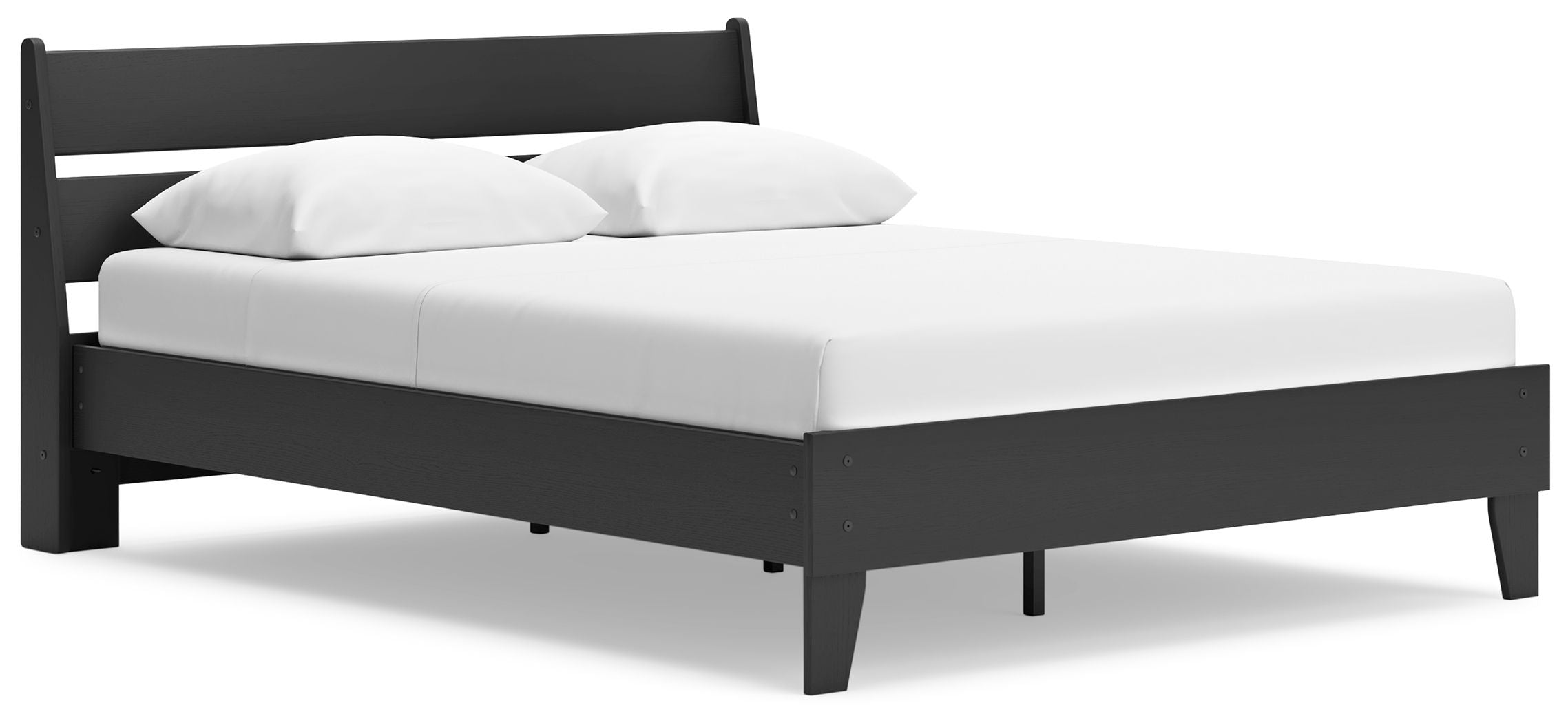 Black panel platform bed with white mattress and pillows