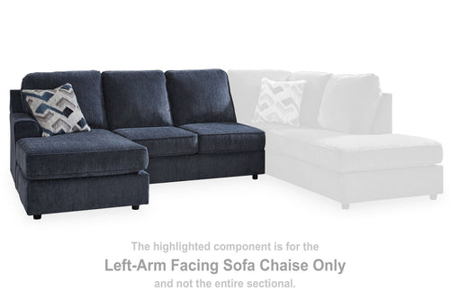 Cobalt blue left-arm facing sofa chaise with tufted seat and back cushions