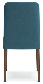 Upholstered dining side chair with teal upholstered back and dark wood legs
