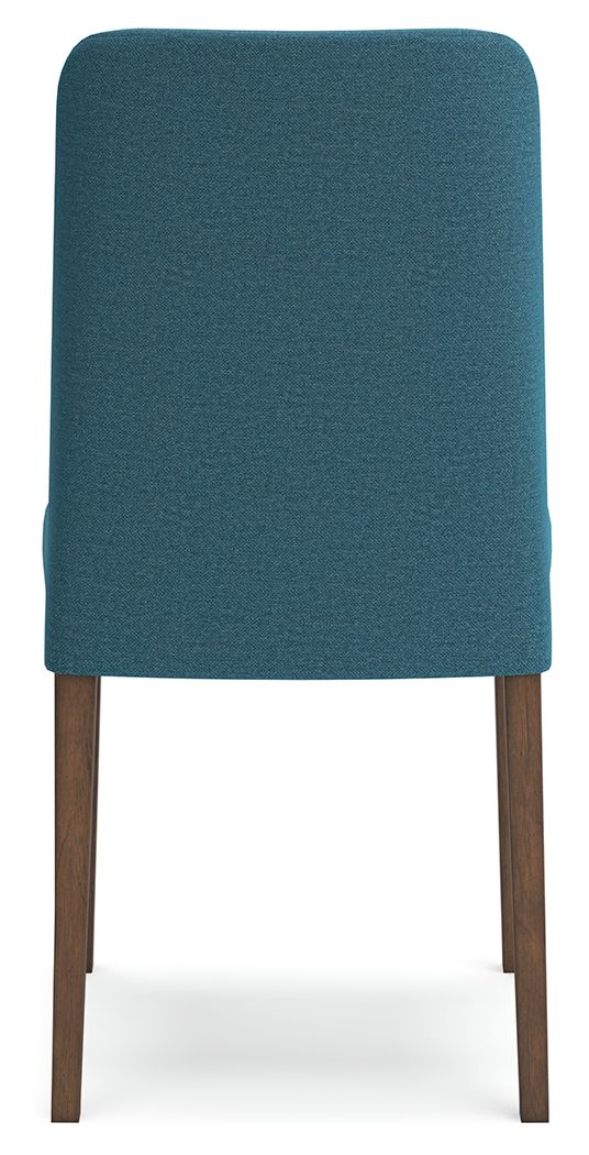 Upholstered dining side chair with teal upholstered back and dark wood legs