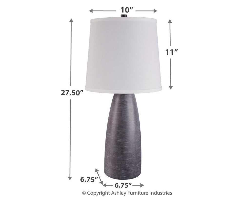 Gray poly table lamp with white fabric drum shade; 27.5in height size diagram