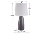Gray poly table lamp with white fabric drum shade; 27.5in height size diagram