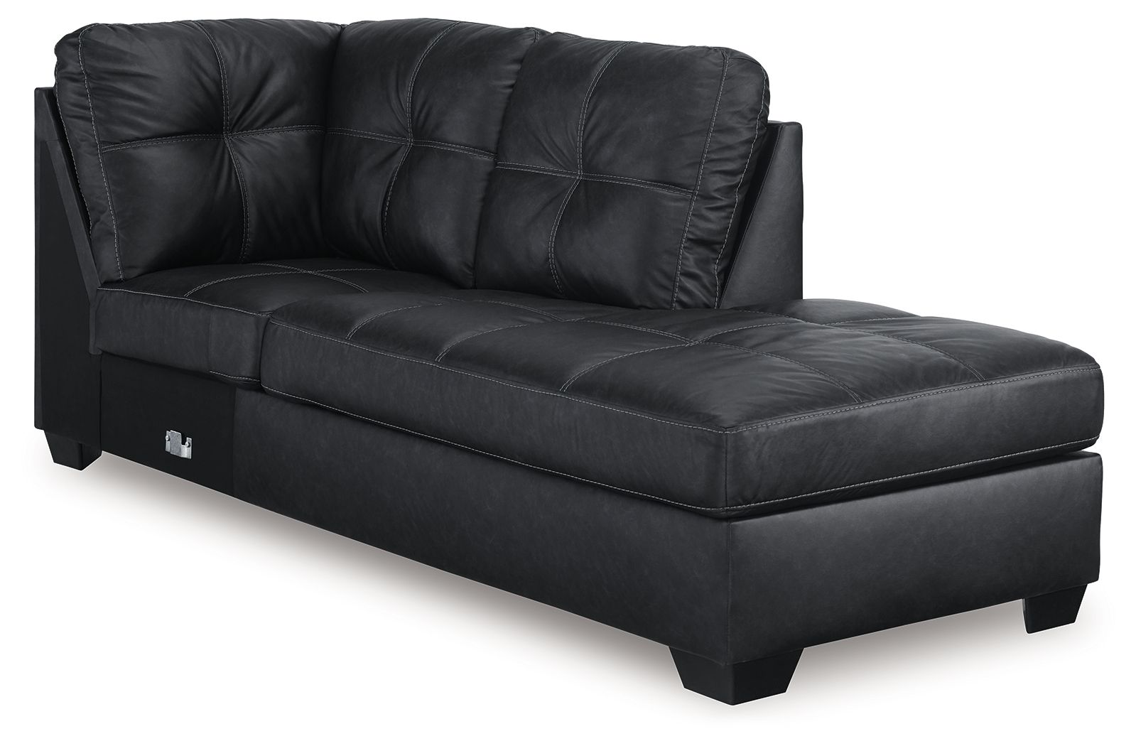 Corner chaise with dark charcoal leather-like fabric, tufted seat and back, block legs