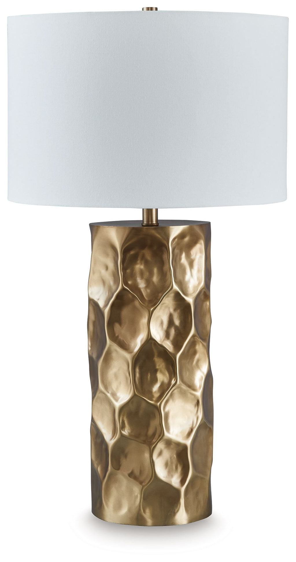 Gold metal table lamp with faceted texture base and white fabric drum shade