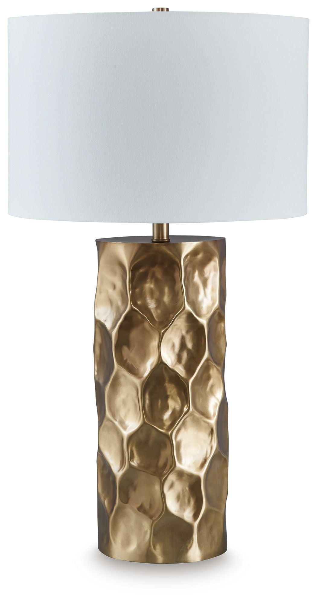 Gold metal table lamp with faceted texture base and white fabric drum shade