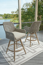 Two-arm bar stools set of 2 with gray woven upholstery, beige seat cushions, wood bases
