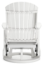 White swivel glider chair front view with vertical slat back, armrests, and circular base.