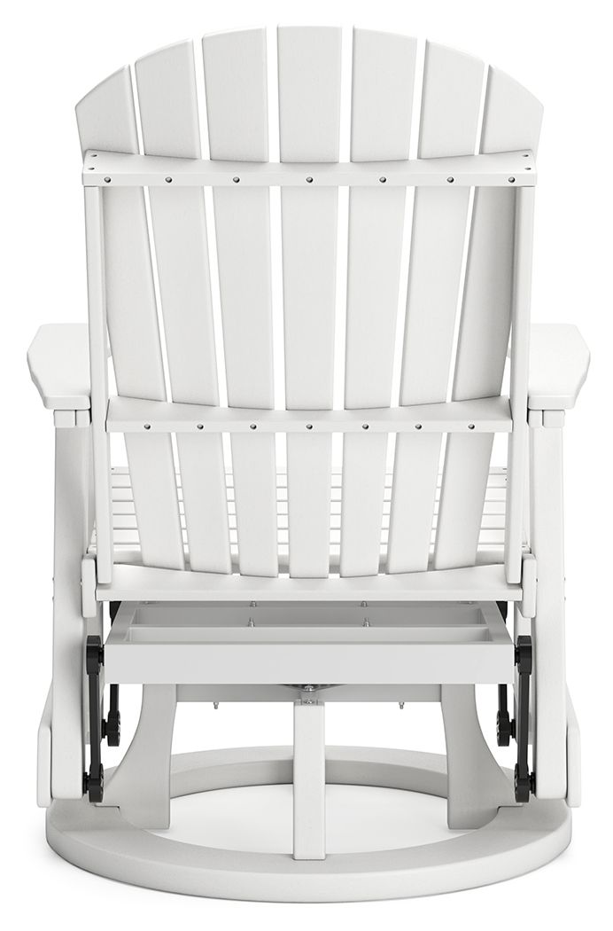 White swivel glider chair front view with vertical slat back, armrests, and circular base.