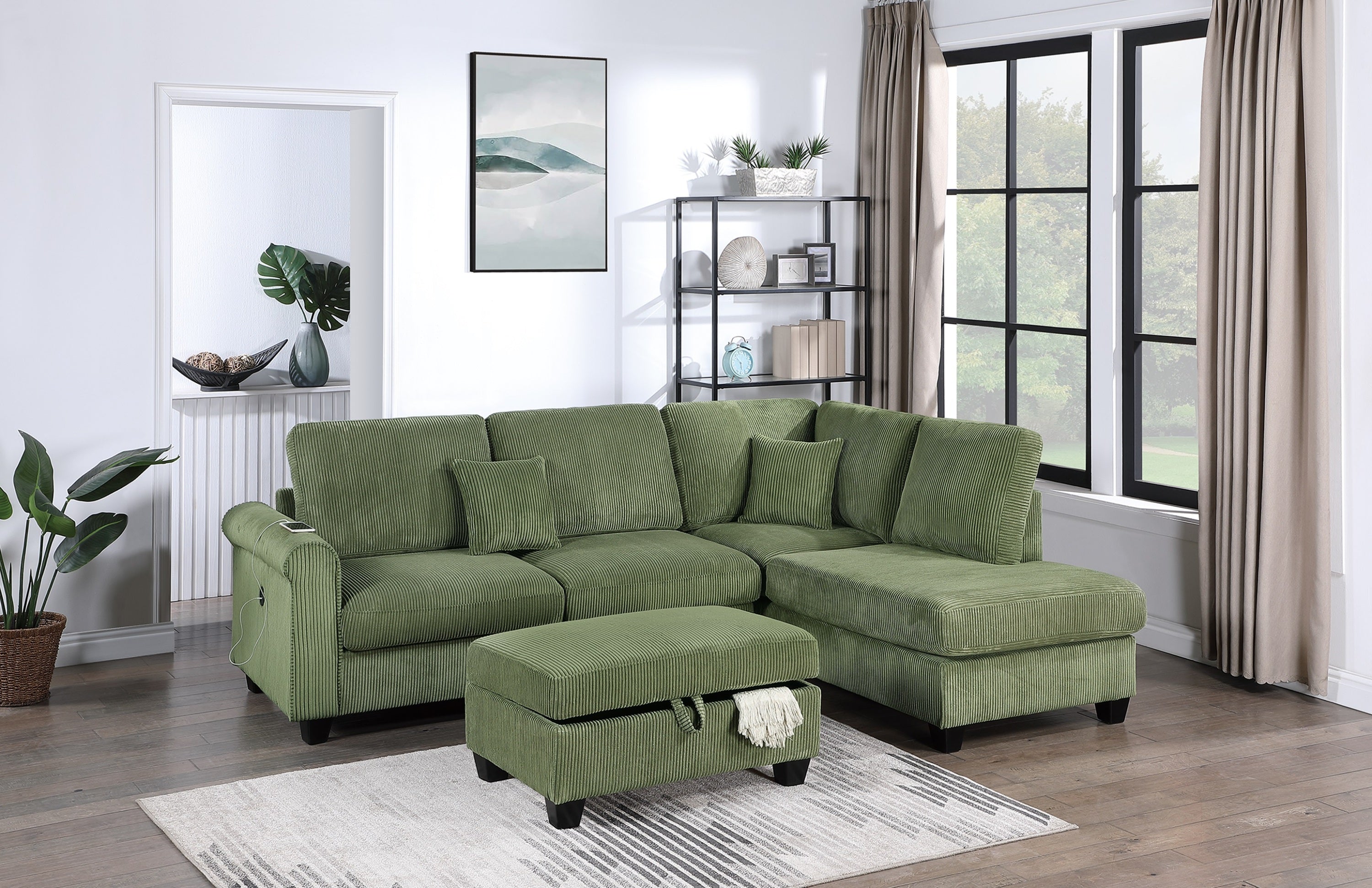 Sage Corduroy 3pc Sectional L-Shape Sofa Chaise Ottoman Set